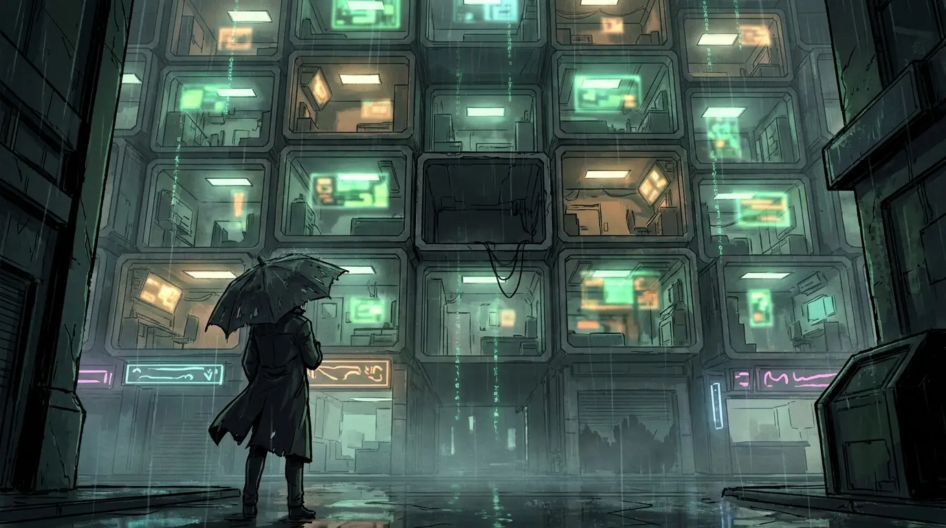 A lone figure with an umbrella facing a towering rain-slicked wall of glowing modular compartments in a cyberpunk city, each lit cell a separate app stacked like processes in an operating system