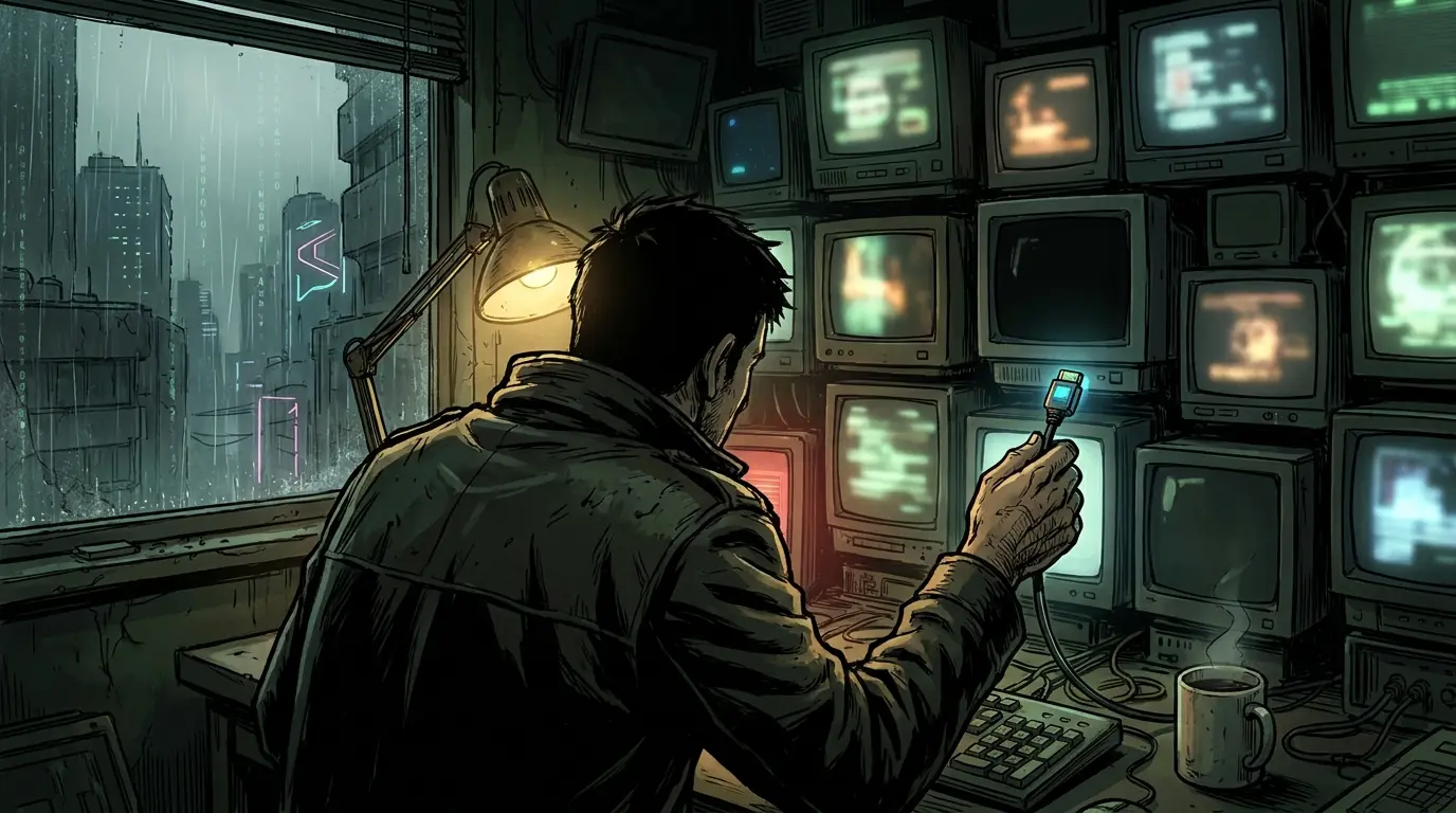 A person plugging a single glowing connector into a wall of mismatched CRT monitors that each run a different program, one operator orchestrating a dozen small standalone apps through one universal interface