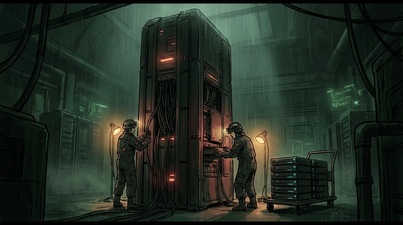 Two workers in hard hats hand-wiring a hulking monolithic server tower with tangled cables in a dim, rainy server room, the human orchestration cost that made microservices miserable for small teams