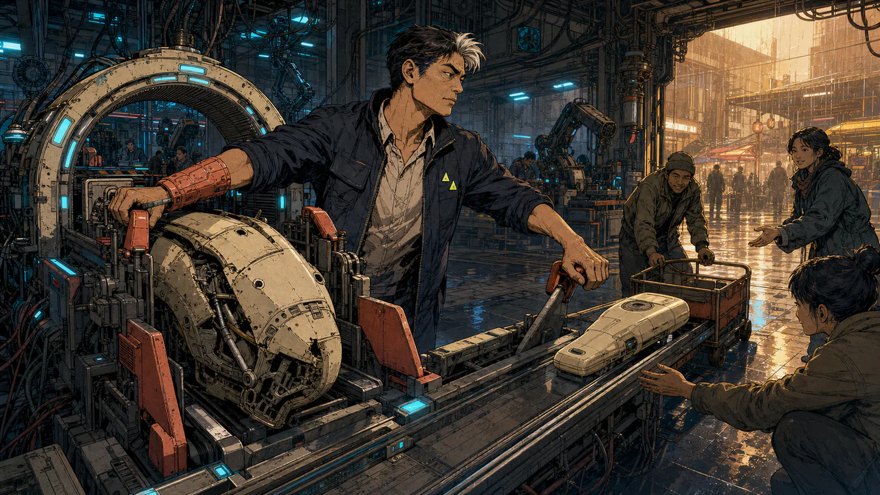 A veteran engineer guides a finished machine off the assembly line to waiting customers
