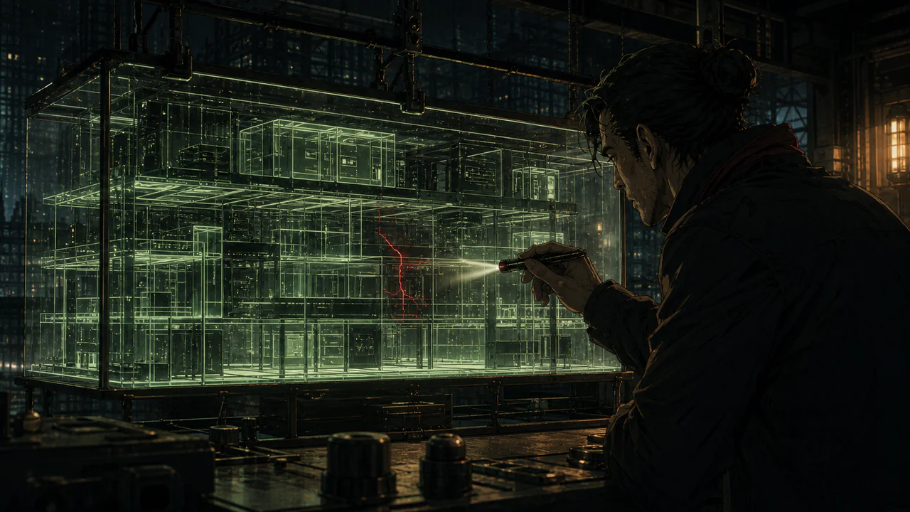 An engineer shines a flashlight into a translucent wireframe structure, exposing a red crack hidden inside